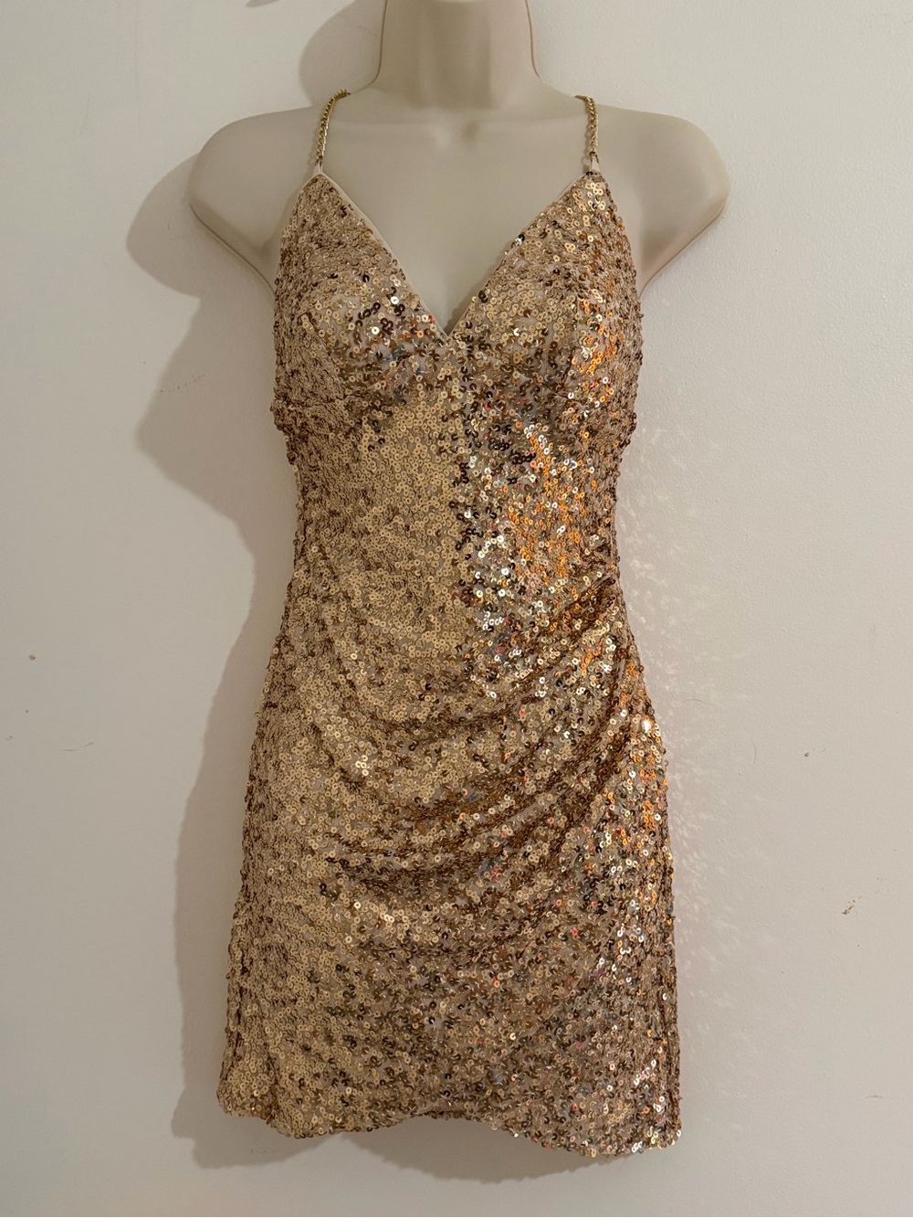 Crystal Doll Gold Sequin V-Neck Mini Dress